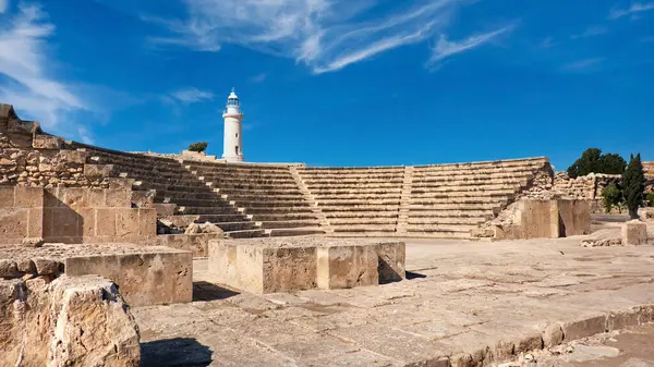 Ancient Greek Amphitheater Archaeological Site Paphos Cyprus White Lighthouse Back — Stock Photo, Image