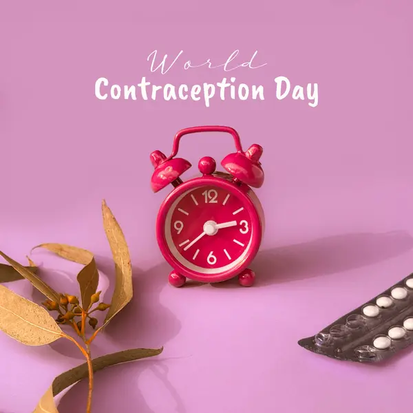 Text World Contraception Day Alarm Clock Pack Contraceptive Pills Pink — Stock Photo, Image