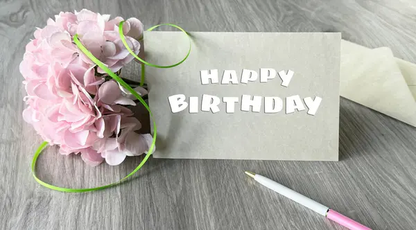 Birthday Card Joyful Message Adorned Vibrant Pink Flowers Personalized Pen — Stock Photo, Image