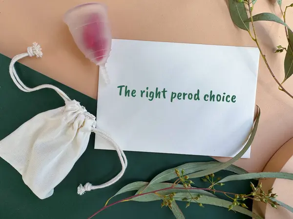 Menstruatiecup Anticonceptiepillen Beige Groene Achtergrond Met Eucalyptus Takje Vlak Gelegd — Stockfoto
