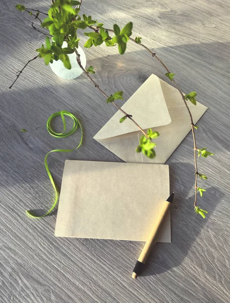 メモ帳 植物をテーブルにきちんと配置した写真です 空白のグリーティングカードのコピースペース — ストック写真
