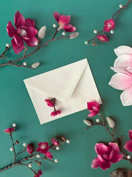 繊細なマグノリアとプラムピンクの花が活気に満ちた緑の背景に飾られた白い封筒 — ストック写真