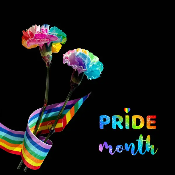 两个彩虹色的康乃馨 背景为黑色 象征着自由 爱情和Lgbtq的骄傲 标题为 骄傲月 — 图库照片