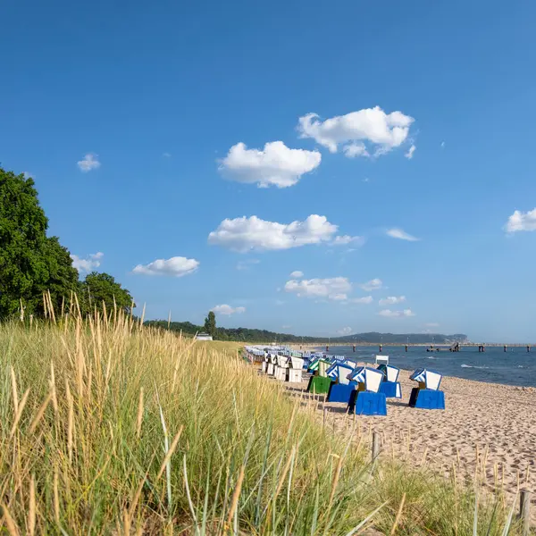 Kilka Leżaków Ładnie Ustawionych Piaszczystej Plaży Widokiem Ocean Słoneczny Dzień — Zdjęcie stockowe
