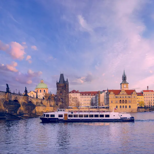Boat Glides Water Front Grand Castle Surrounded Spring Flowers Prague Royalty Free Stock Photos