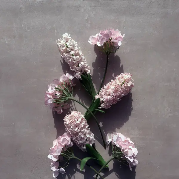 Bunch Pink Spring Flowers Hyacinth Hydrangea Displayed Table Stock Photo