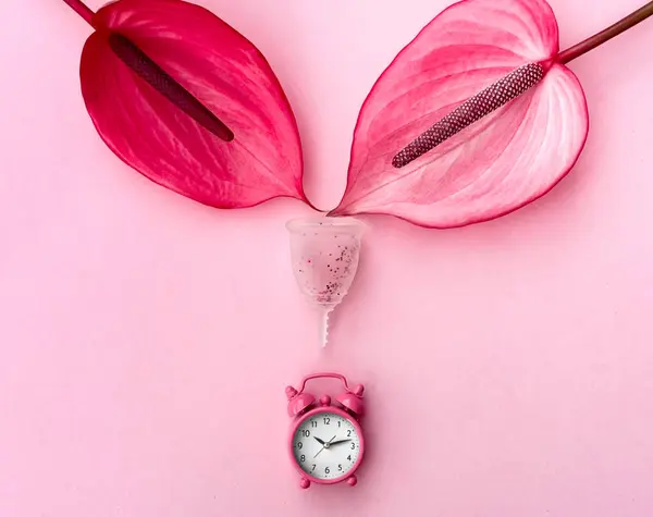 Menstruációs Csésze Rózsaszín Ébresztőóra Anthurium Virágok Rózsaszín Háttér Stock Fotó