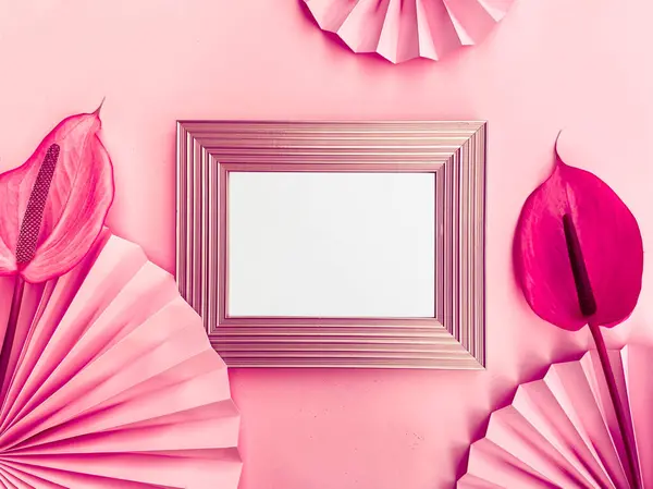 Elegant Pink Background Wooden Frame Anthurium Flowers Accent Imagini stoc fără drepturi de autor