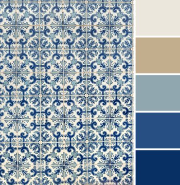 Zarif Mavi, Beyaz ve Nötr Renkli Porselen Döşeme Şablonu Tamamlayıcı Renk Paleti.