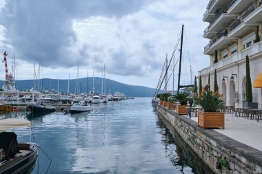 Limanda demirlemiş yatlar, saksılı rıhtım gezisi ve lüks bir bina bulunan Porto Karadağ manzaralı bir yer. Arka planda bulutlu bir gökyüzü.