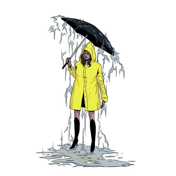 Semi Realistic Cartoon Girl Raincoat Umberella Rain — Stock Vector