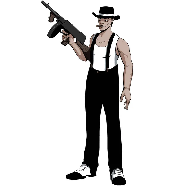 Isolated Vector Eps Cartoon Semirealistische Mobsterfigur Mit Tommy Pistole — Stockvektor