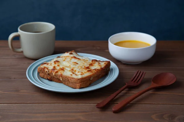 Breakfast Croque Monsieur Hot Coffee Closeup Isolated Table — Stock Photo, Image