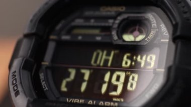 LCD display of a tough sports military watch with running timer and stopwatch 