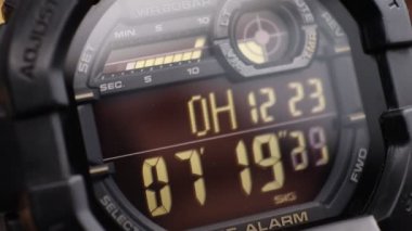 LCD display of a tough sports military watch with running timer and stopwatch 