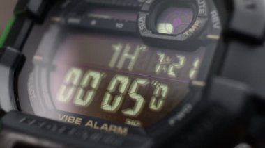 LCD display of a tough sports military watch with running timer and stopwatch 