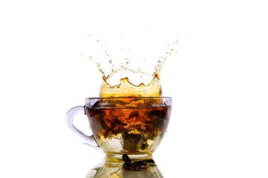 moving a transparent cup of tea on a white background
