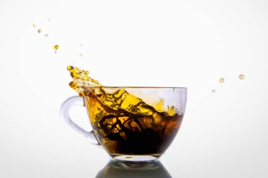 moving a transparent cup of tea on a white background
