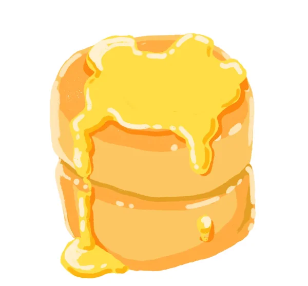 ふわふわのパンケーキ層バターとクリームの手描きイラストアートと甘い朝食デザート — ストック写真
