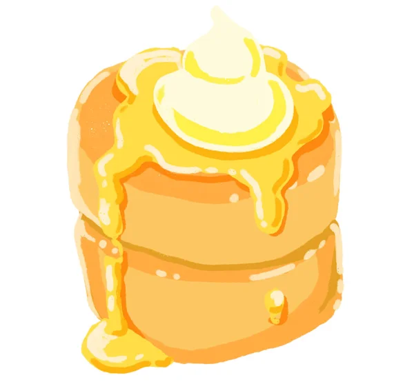 Pancakes Pluffy Capa Dulce Desayuno Postre Con Mantequilla Crema Mano — Foto de Stock
