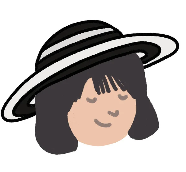 Asian Woman Face Wearing Summer Beach Hats Cartoon Illustration Art — Stock Photo, Image