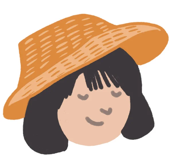 Asian Woman Face Wearing Summer Rattan Hats Cartoon Illustration Art — Stock Photo, Image