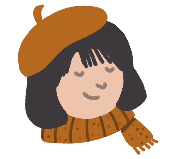 秋の帽子をかぶってアジアの女性の顔漫画イラストアート — ストック写真