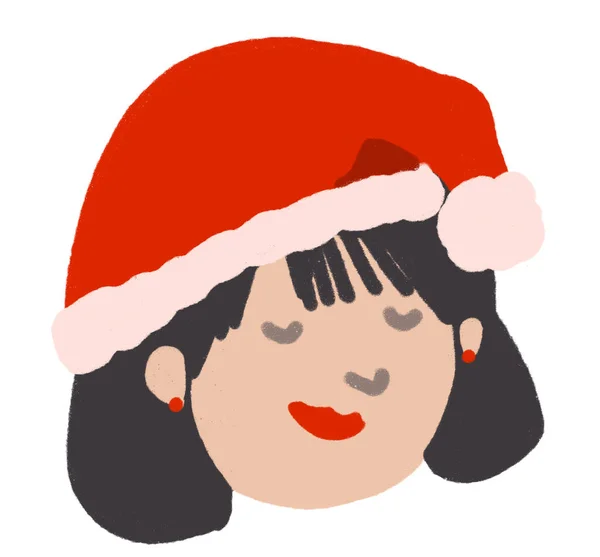 アジアの女性の顔はサンタクラスのクリスマスの帽子漫画イラストアートを身に着けて — ストック写真