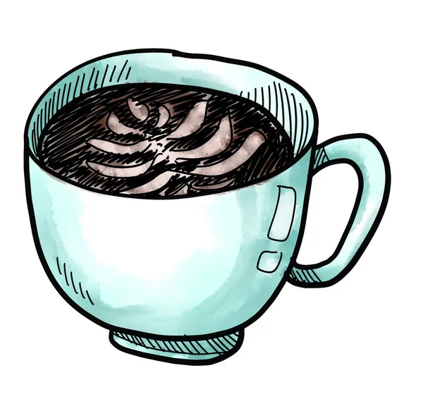 Горячий Кофе Напиток Черный Экспрессо Капучино Руки Рисования Каракули Акварель — стоковое фото