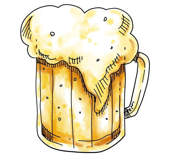 Cold Golden Beer Foam Pint Hand Doodle Drawing Watercolor Illustration — Stock Photo, Image