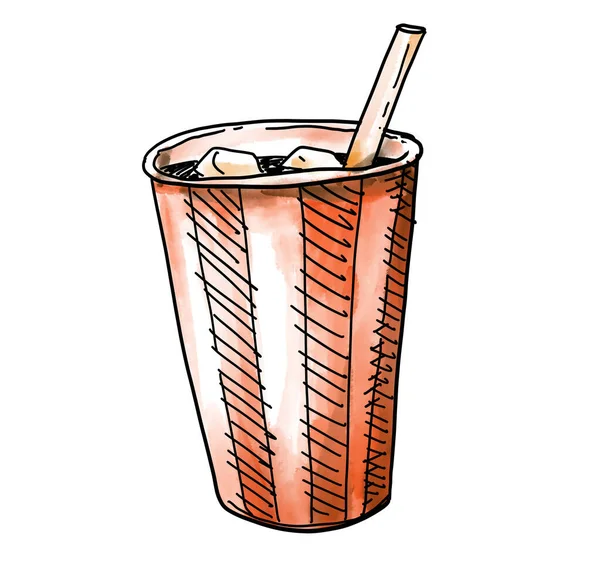 Soda Cola Ice Codl Drink Paper Cup Doodle Drawing Watercolor — 스톡 사진