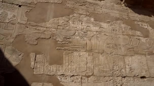 Luxor Karnak Templo Jeroglíficos Tallados Pared Sala Del Templo Patrimonio — Vídeos de Stock