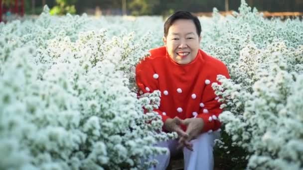 Літня Жінка Азіатського Походження Носить Полі Квіткове Поле Посмішку Рожевих — стокове відео