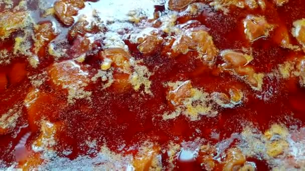泰国北部风格的带生姜的烤猪肚咖哩 用辣椒脂肪盖上密闭的质地 — 图库视频影像