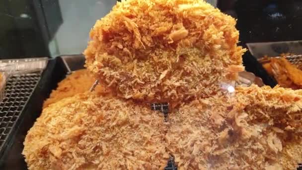 Fläskkotlett Katsu Friterad Japansk Mat Som Säljer Tonkatsu Räkor Skaldjur — Stockvideo
