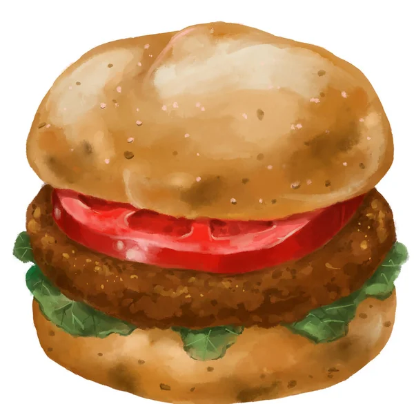 Hamburger Fastfood Akwarela Malarstwo Ilustracja Sztuka — Zdjęcie stockowe