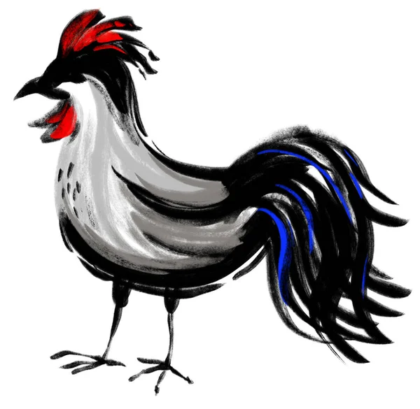 Poulet Coq Animal Calligraphe Pinceau Encre Noire Peinture Art Illustration — Photo