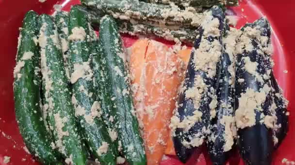 黄瓜和茄子杂烩日本杂烩糊蔬菜腌菜发酵食品保鲜传统的日本本土食品 — 图库视频影像