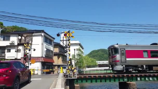 Kinosaki Japan May 2023 Local Railroad Crossing Poles Open Car — Stock Video
