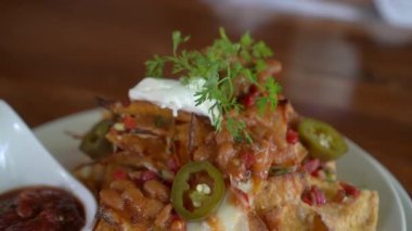 Fasulyeli acılı nacho peynirli salsa ve baharat soslu Meksika apperatifli 4k.