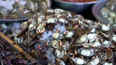 Tayland 'da yumurtalı taze yengeç, buzlu ıslak deniz ürünleri ve sos.