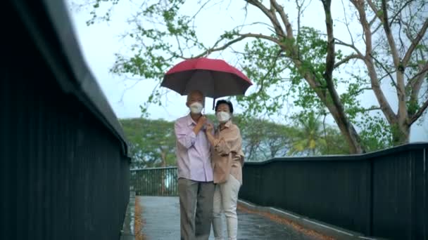 アジアのシニアカップル歩く下赤傘雨の日で公園でマスク愛とケア — ストック動画