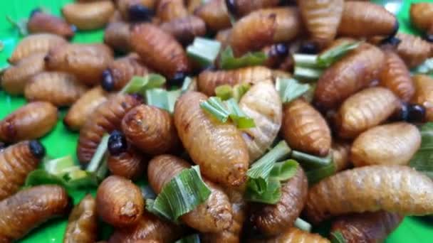 南亚地区市场上出售异国情调的食物 幼虫棕榈虫 油炸脂肪昆虫点心 — 图库视频影像