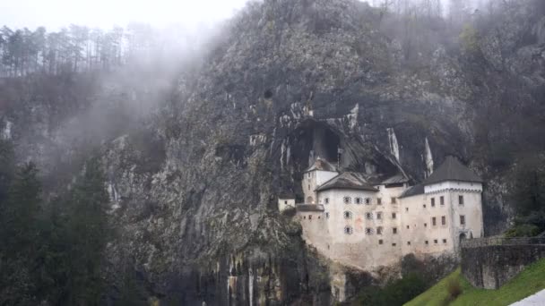 Historical Predjama Cave Castle Slovania Rainy Cold Day Winter Fog — Stock Video
