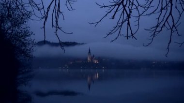 Bled Gölü Slovania Avrupa seyahat noktası sisli kış sabahı