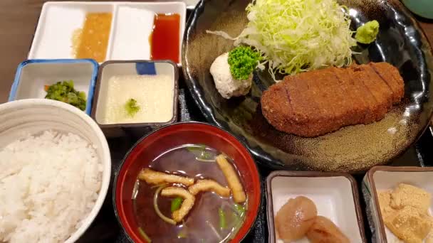 Gyukatsu Japanese Food Set Deep Fired Beef Bread Crumble Meal — Stock videók