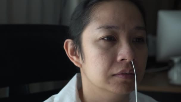 Asian Adult Woman Tear Crying Reaction Covid Nasal Kit Test — стокове відео