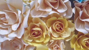 Pastel beigh yumuşak renk şeması güller arka plan sevgililer günü el işi kağıt çiçekler 4k