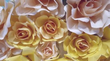 Pastel beigh yumuşak renk şeması güller arka plan sevgililer günü el işi kağıt çiçekler 4k