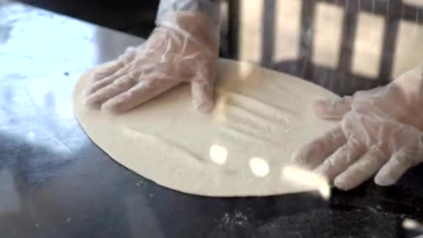 Chef Hand Use Wood Rolling Thresh Pizza Flour Italian Homemade — Stock Video
